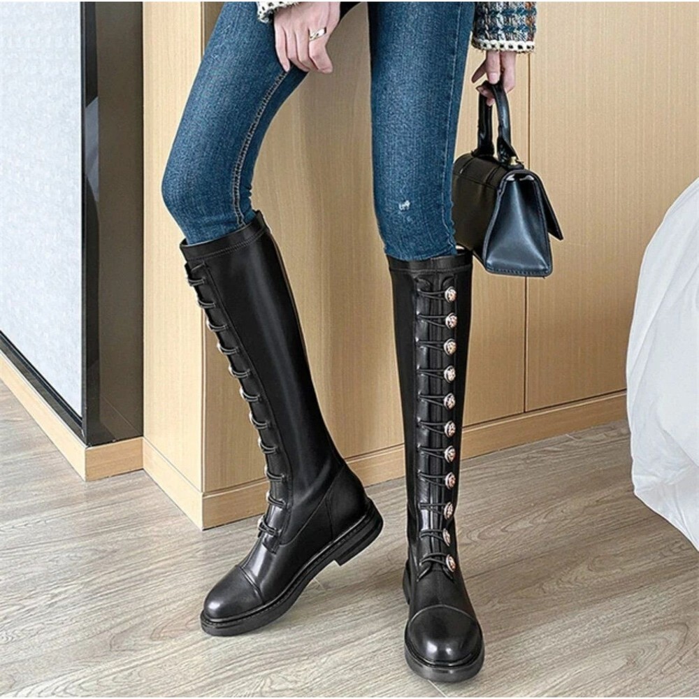 Women's Retro Lace Up Metal Medal Buttons Knee Combat Boots